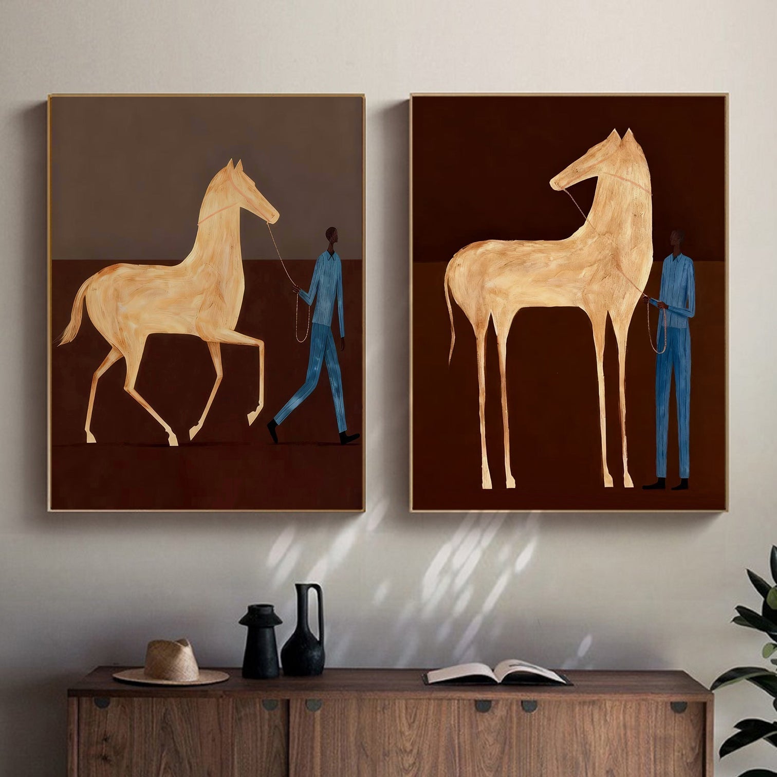 Set of 2 Earth Tone Decor Equestrian Wall Painting Man and Horse Painting