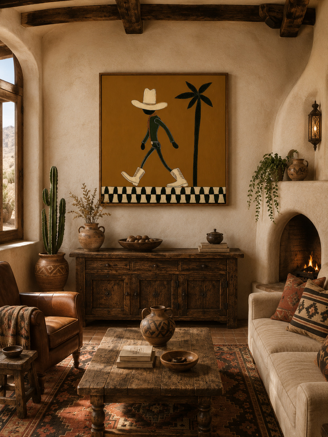 Vintage Cowboy Art With Palm Tree Minimalist Square Painting For Retro Home Decor