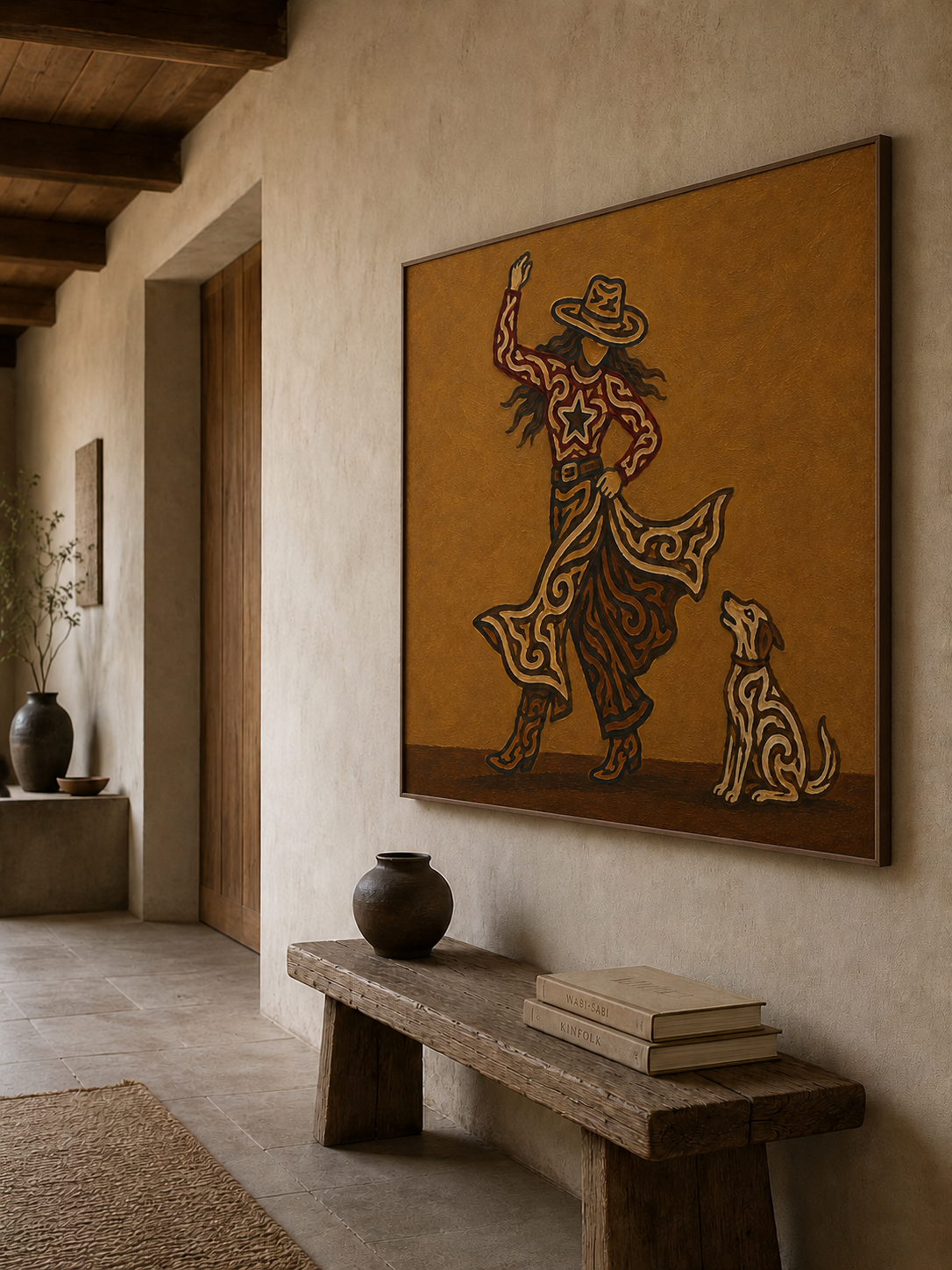 Cowgirl And Dog Wall Art, Western Woman Art , Dancing Cowgirl Canvas,Contemporary Western Decor