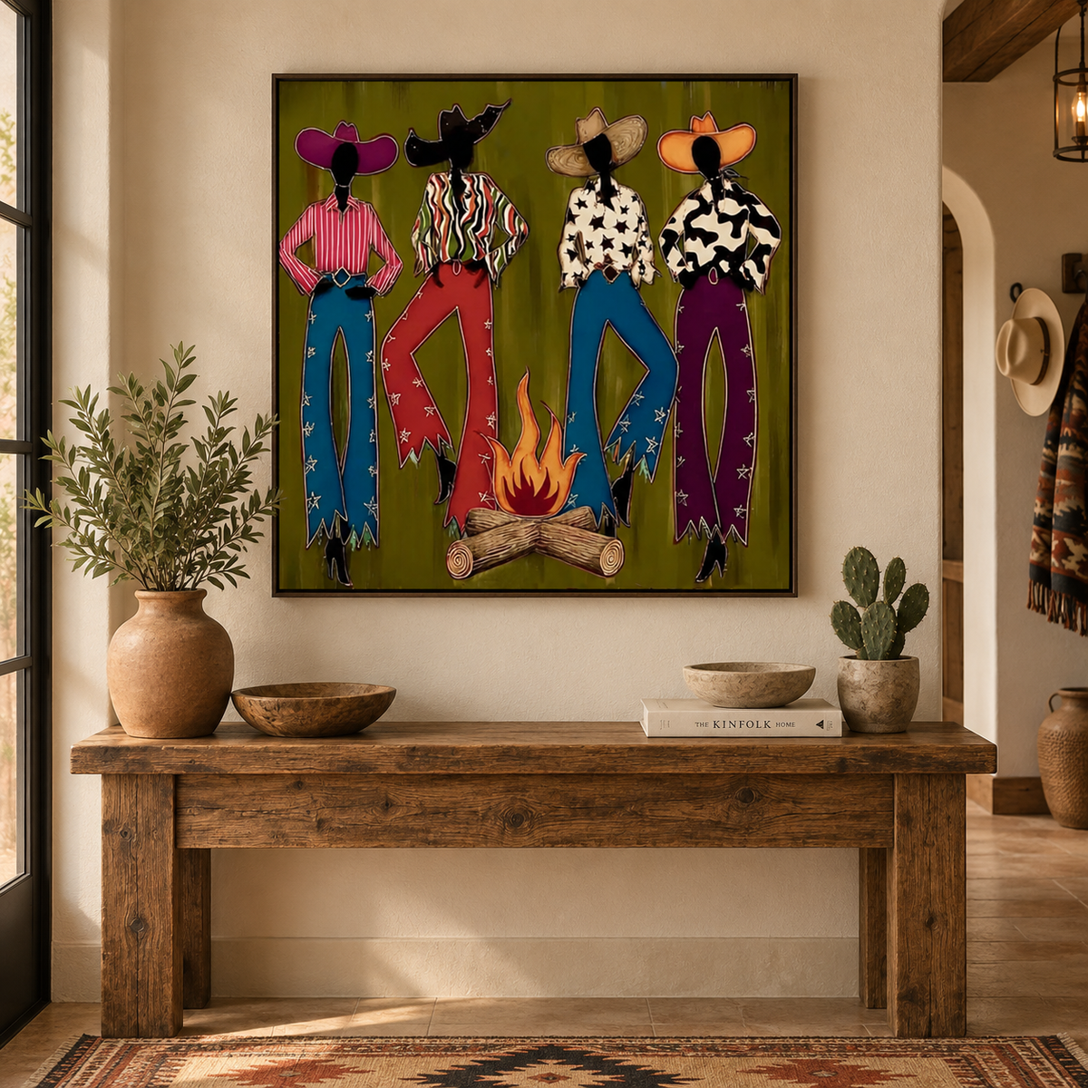 Colorful Cowgirl Painting, Retro Southwest Decor, Olive Green Handmade Artwork