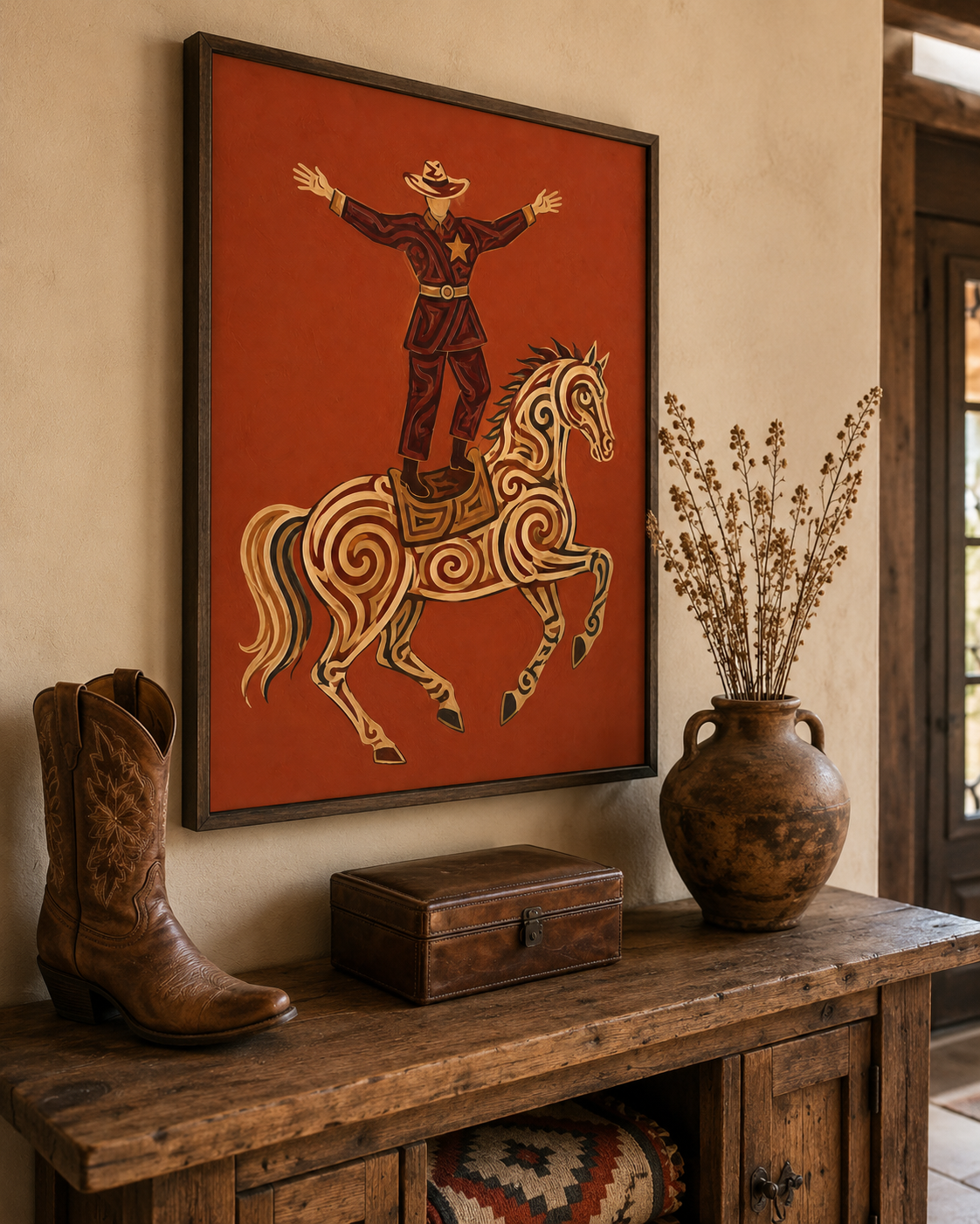 Western Cowboy Painting, Ornate Horse, Southwestern Folk Wall Art, Rustic Ranch Decor