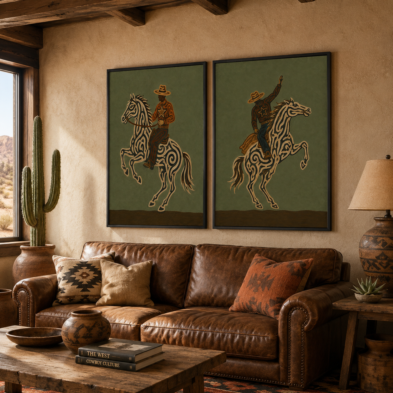 Vintage Western Cowboy Horse Art Olive Green Wall Decor For Living Room Rustic Home
