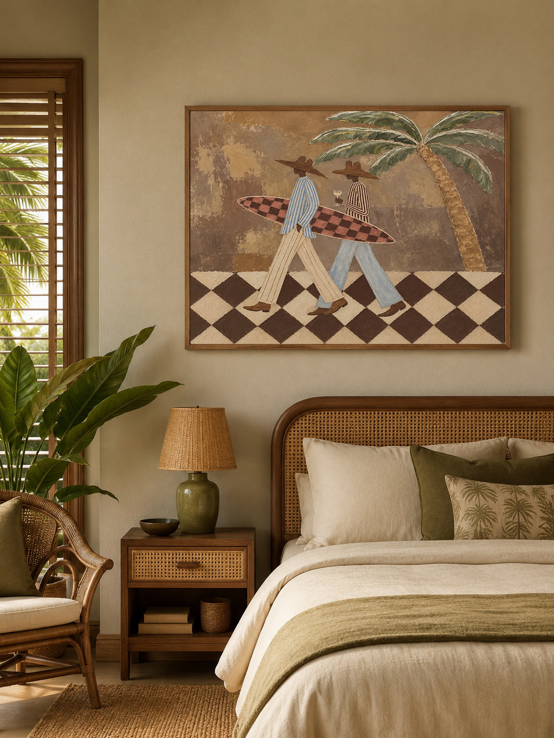 Vintage Cowboy Surf Art Hand-Painted Canvas With Palm Tree And Checkered Board