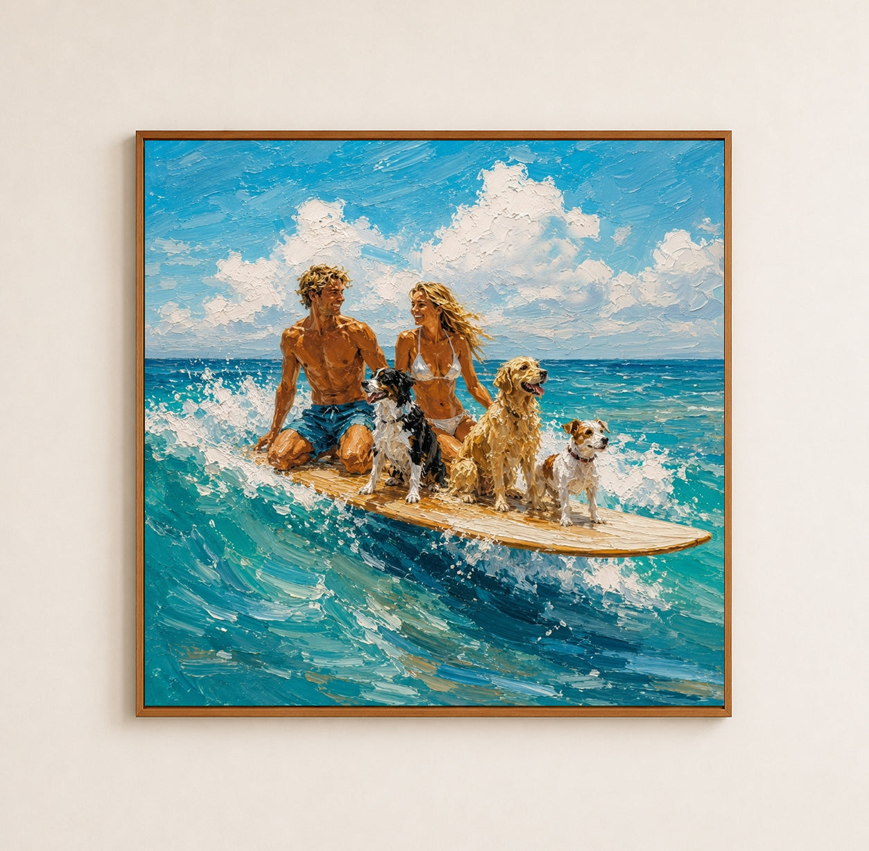 Summer Beach Wall Art Modern Textured Beach Painting With Dogs And Couple For Coastal Living Room Decor