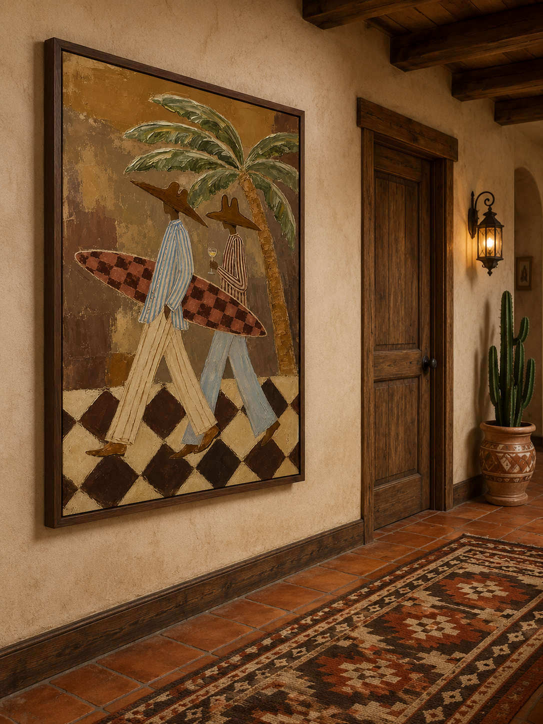 Figurative Summer Vacation Art With Checkered Surfboard And Tropical Palms