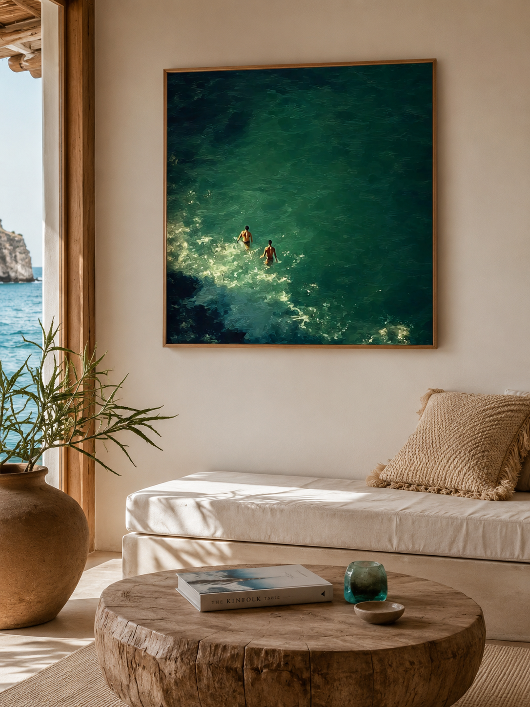 Emerald Green Ocean Painting Impressionist Swimmers Vintage Coastal Canvas Art For Living Room