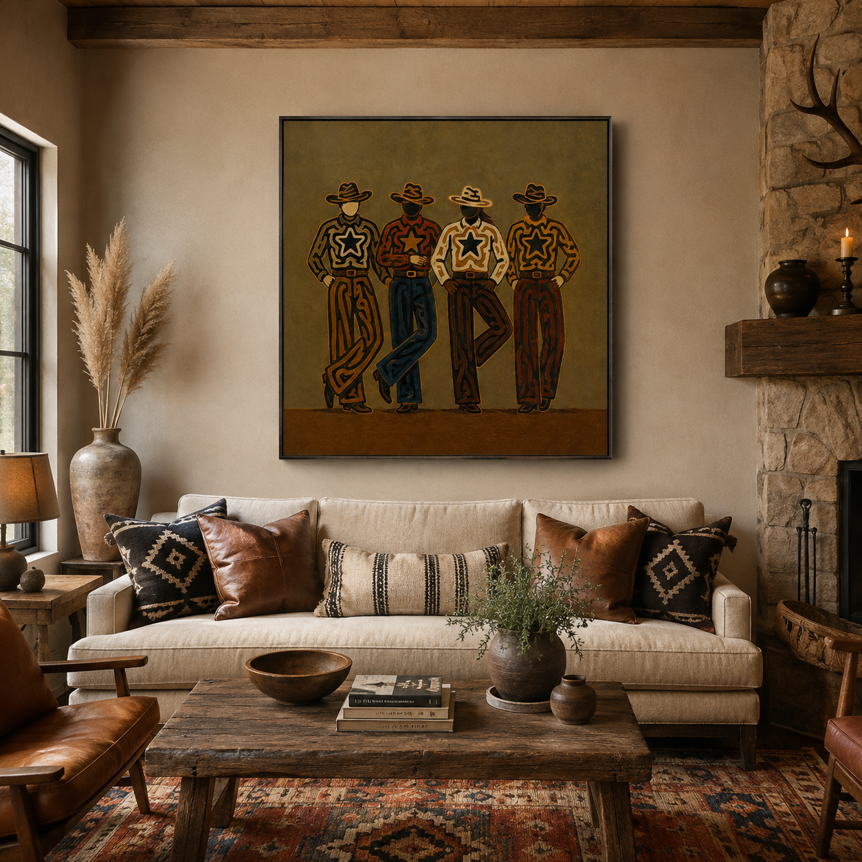Four Cowboys Painting, Western Folk Art, Rustic Ranch Portrait Wall Decor For Living Room Decor