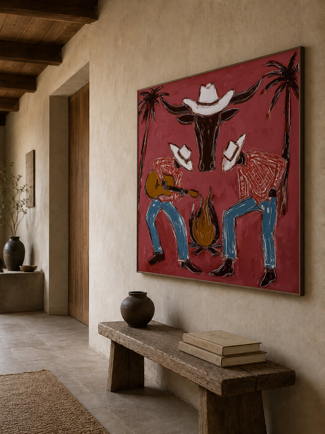 Cowboy Guitar Wall Decor Rustic Western Campfire Scene Canvas Painting For Living Room Decor