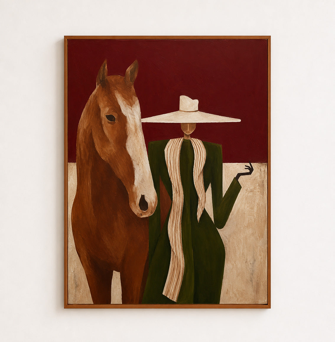 Lady In Wide Brim Hat With Horse Original Oil Painting Abstract Animal Decor