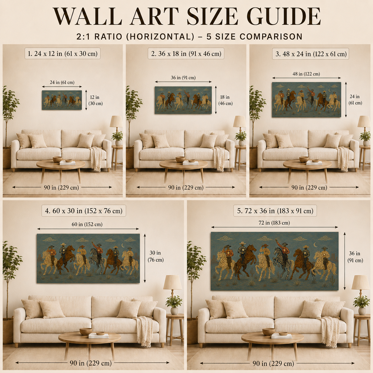 Blue Moon Cowboy Riders Painting, Panoramic Western Horse Art, Southwestern Desert Night Decor