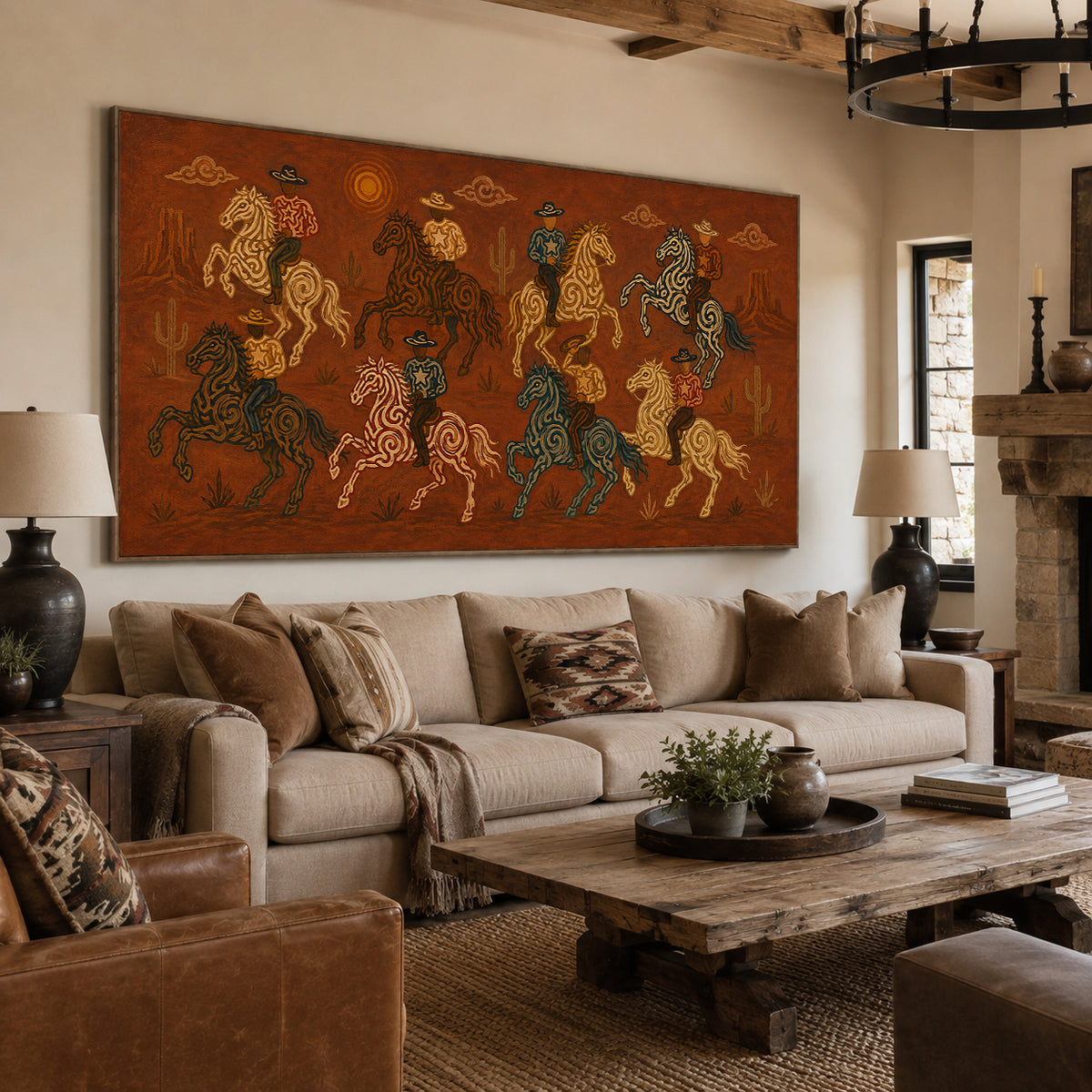 Wild West Cowboy Riders Painting, Panoramic Desert Horse Art, Rustic Southwestern Ranch Decor