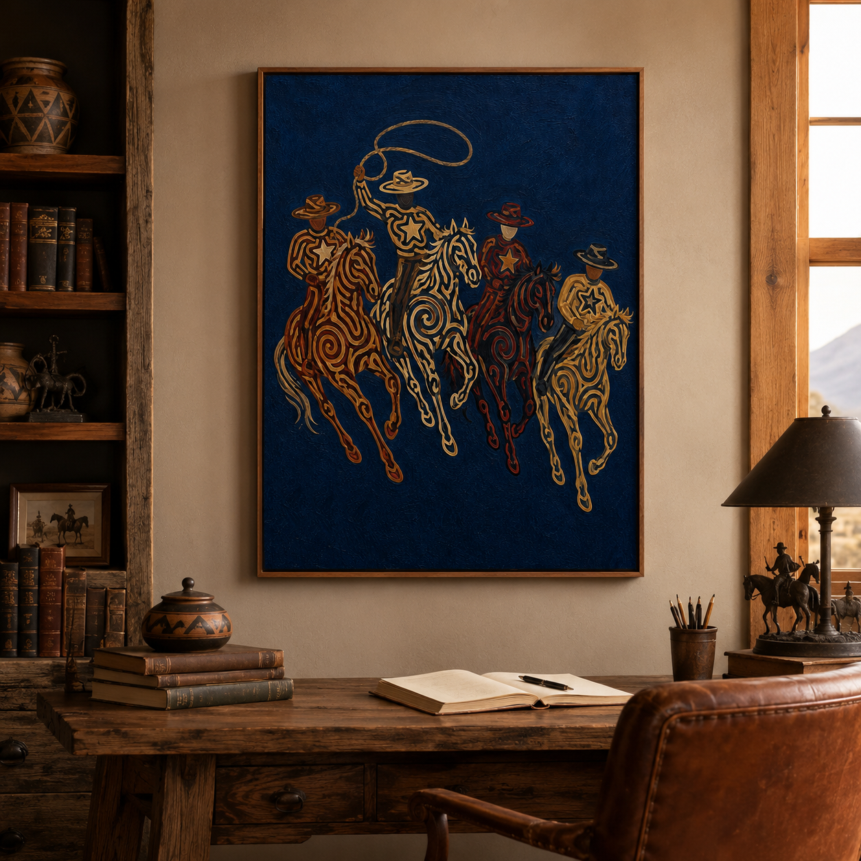 Navy Western Cowboy Oil Painting, Lasso Horse Wall Art, Southwestern Rodeo Hand Painted Decor