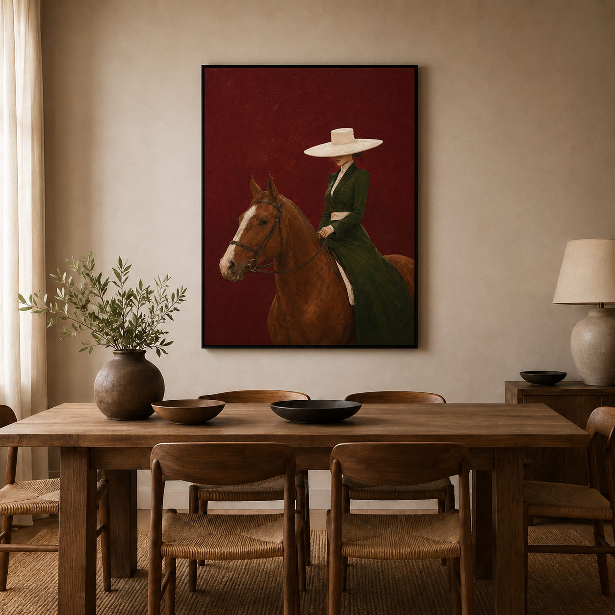 Minimalist Figurative Art Print Of Lady And Horse In Green Dress Against Crimson Wall For Study