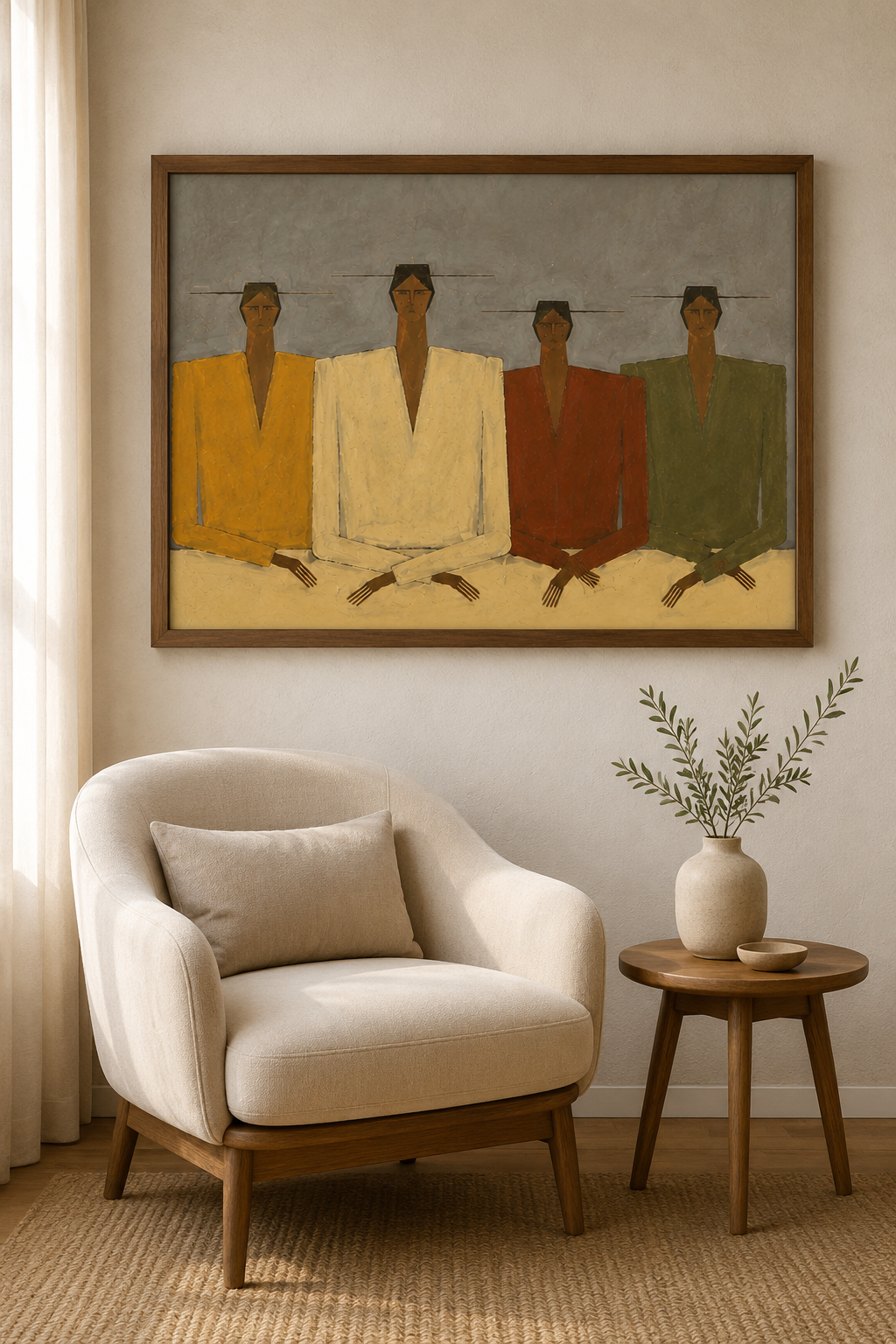 Mid-Century Minimalist Abstract People Oil Painting - Muted Earth Tones on Canvas
