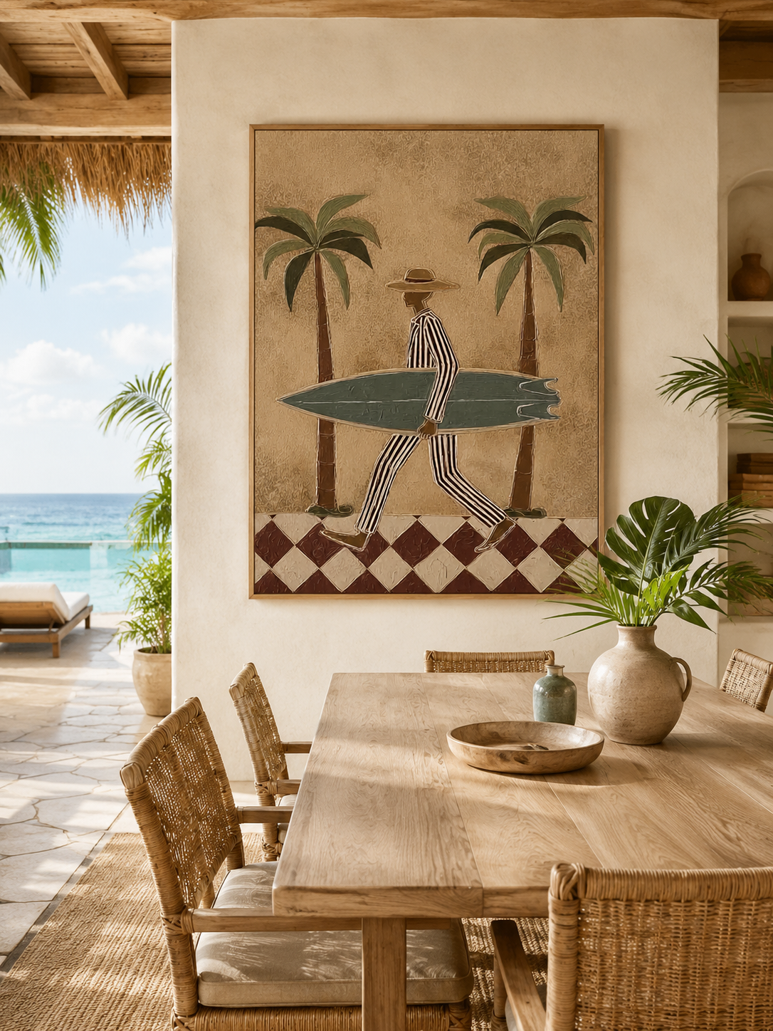 Vintage Surf Art With Brown Checkered Floor And Green Board For Beach Home Decor
