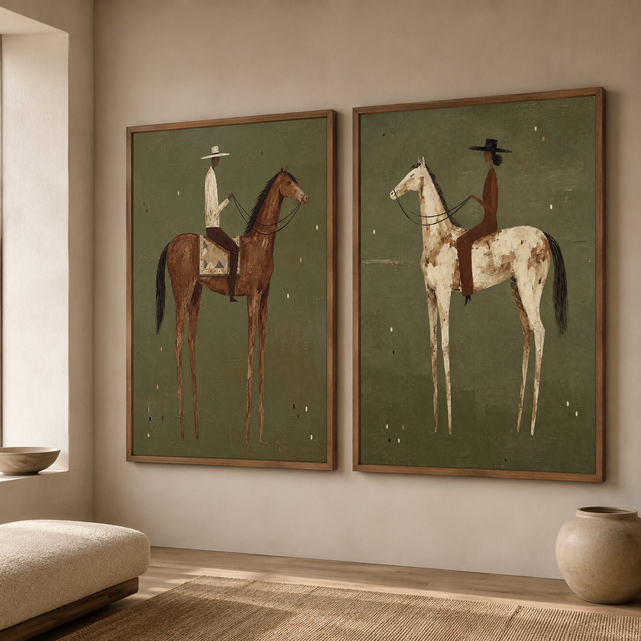 Vintage Equestrian Horse Painting Set With Riders In Earthy Tones For Classic Home Decor