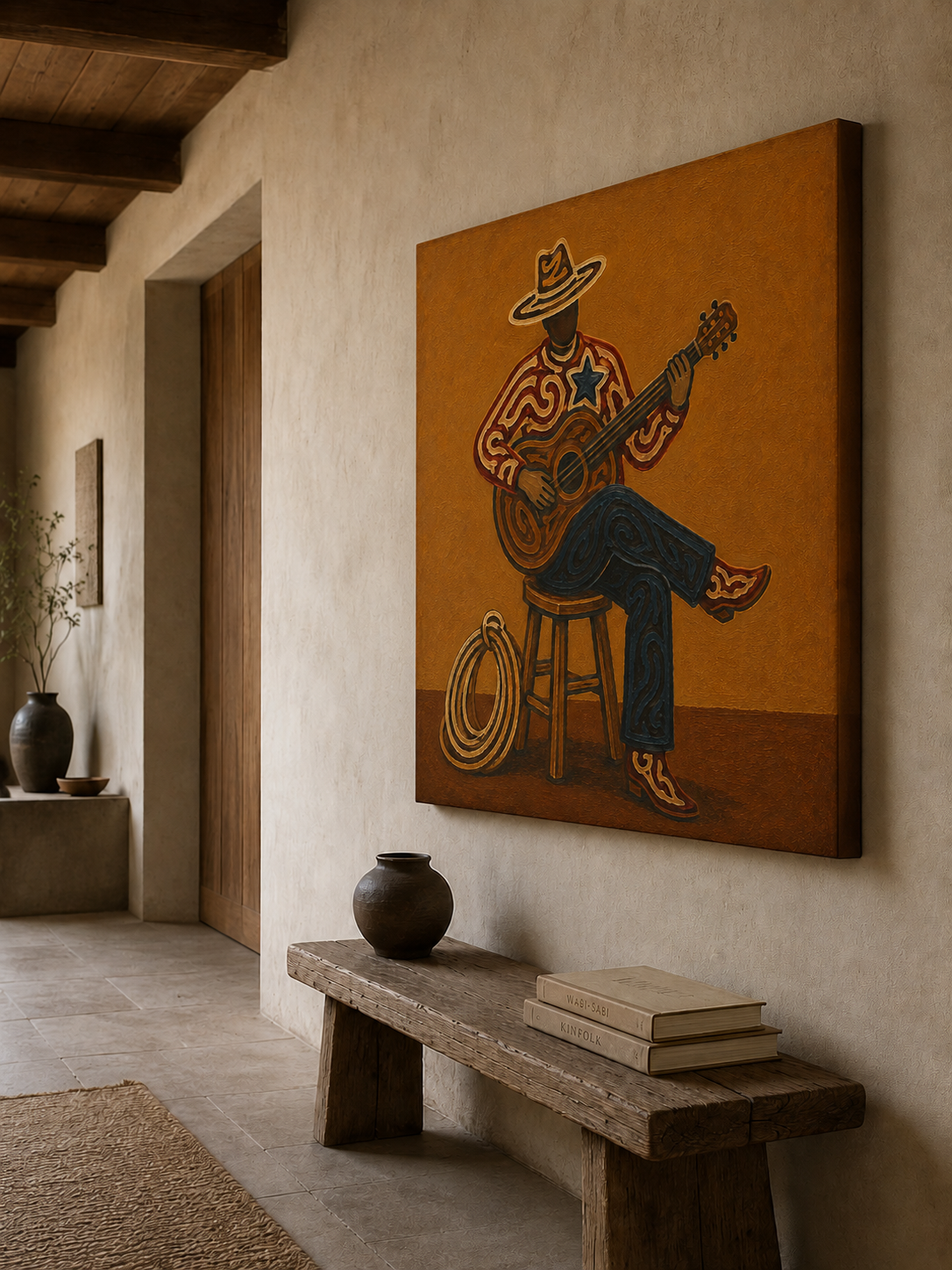 Cowboy Playing Guitar Art , Western Music Wall Art, Country Music Decor Painting, American Folk Art Style