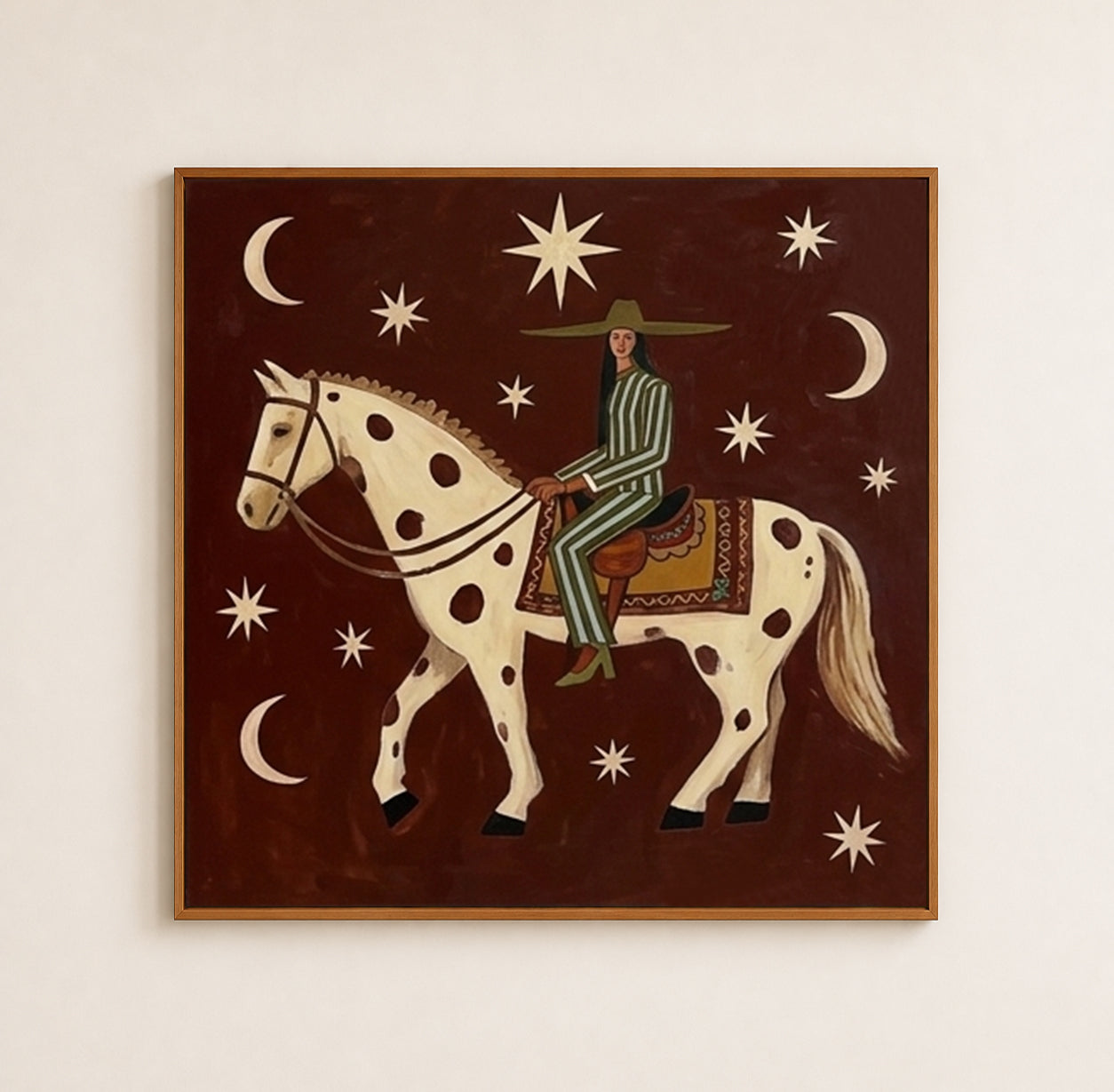 Whimsical Folk Art Painting Of Woman Riding Horse Under Stars For Living Room Decor