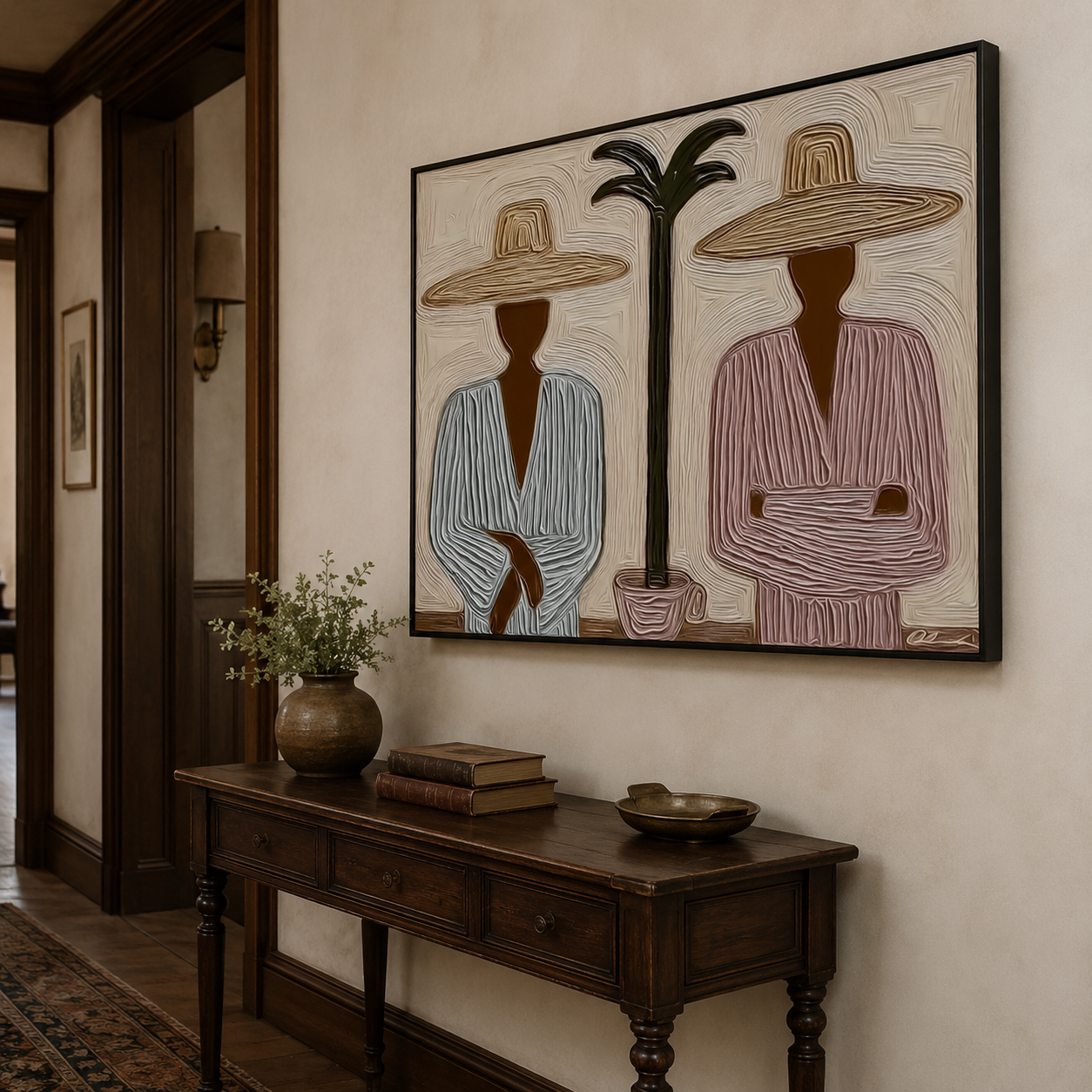 Wabi Sabi Tropical Art With Palm Tree And Minimalist Figures For Modern Home Decor