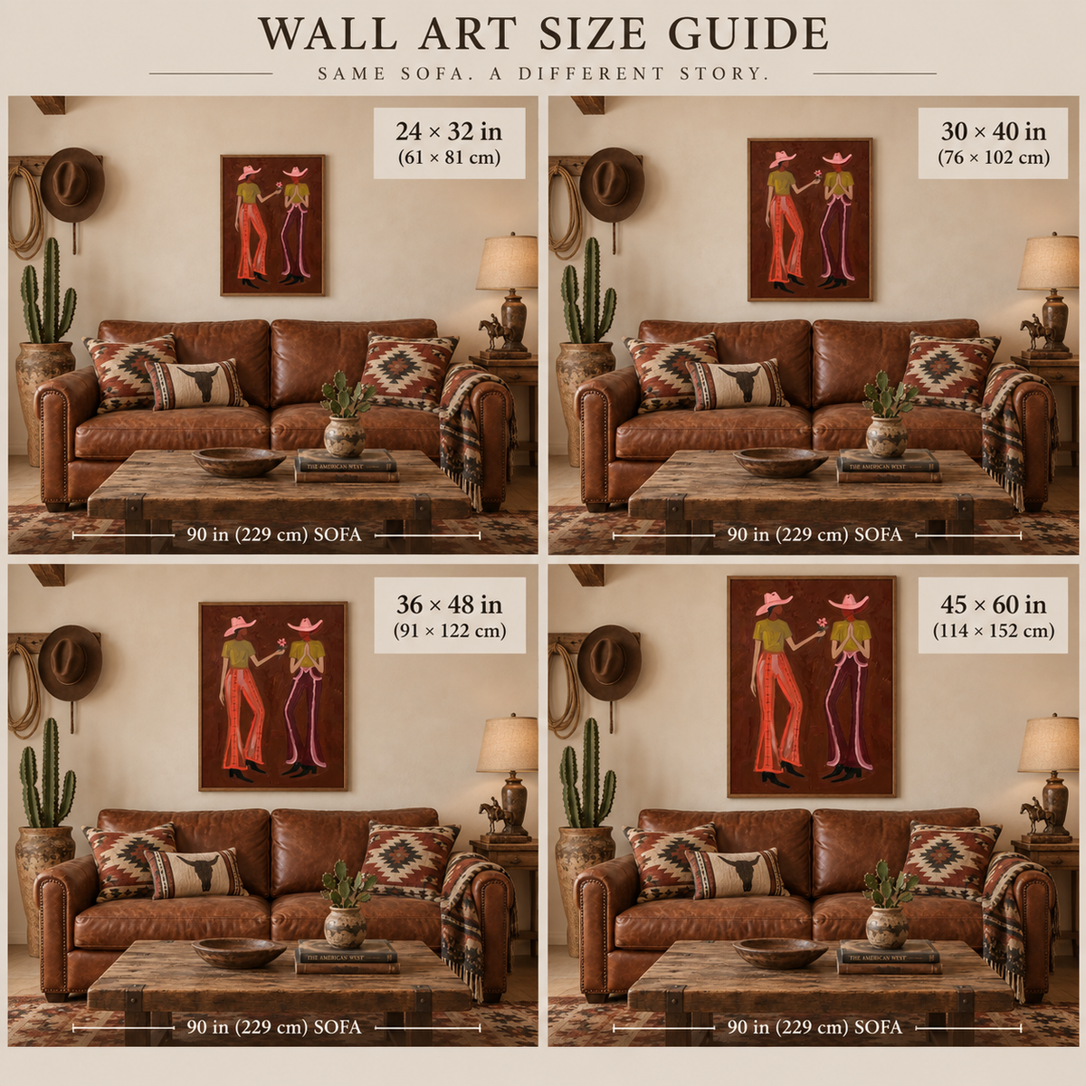 Cowgirl Flower Canvas Art, Retro Western Friendship Wall Decor, Dark Brown Aesthetic Painting