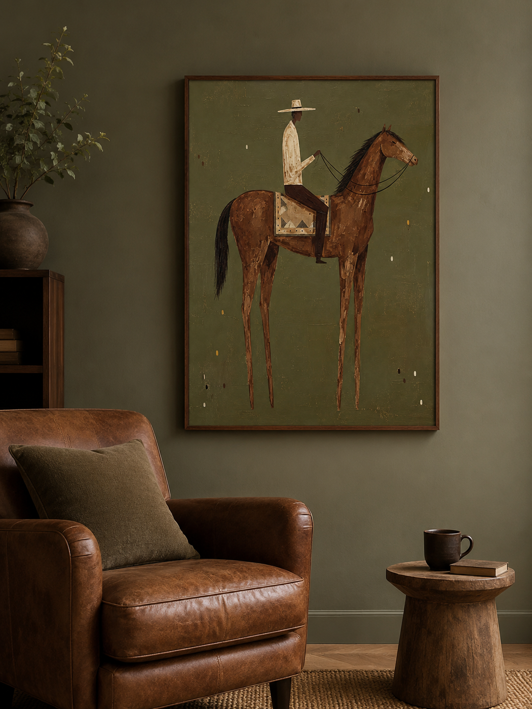 Mid Century Modern Horse Art With Minimalist Cowboy In Green Frame For Living Room Decor