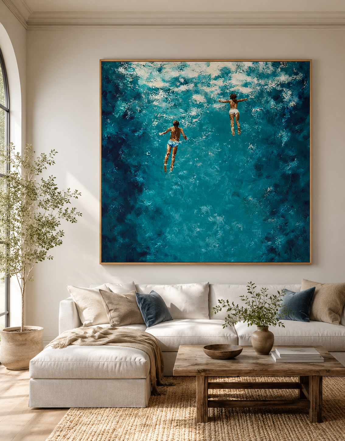 Hand Painted Ocean Oil Painting With Swimmers In Blue Water For Coastal Home Decor