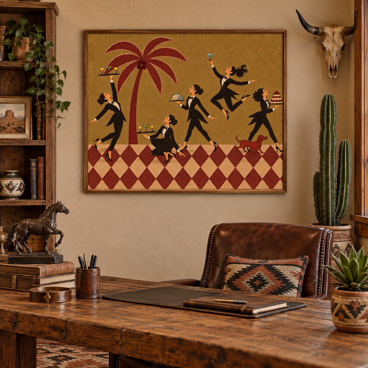 Retro Dining Room Wall Art With Palm Tree And Cocktail Servers Original Canvas