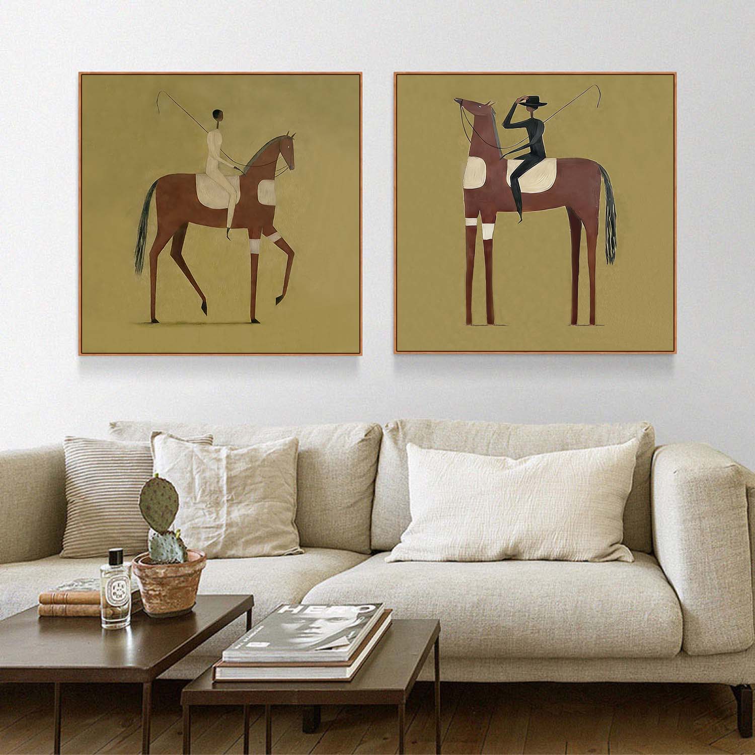 Hand-Painted Set of 2 Modern Equestrian Painting Minimalist Horse & Rider Canvas Art