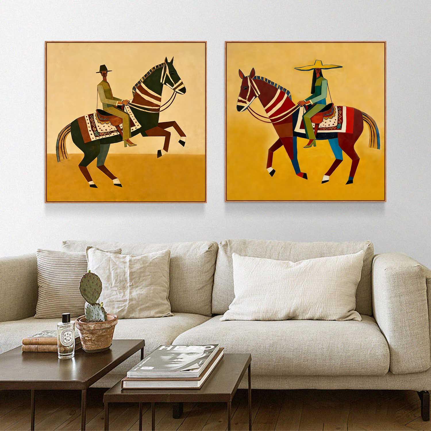 Set of 2 Abstract Colorful Equestrian Wall Art Vibrant Folk Art Horse & Rider Painting