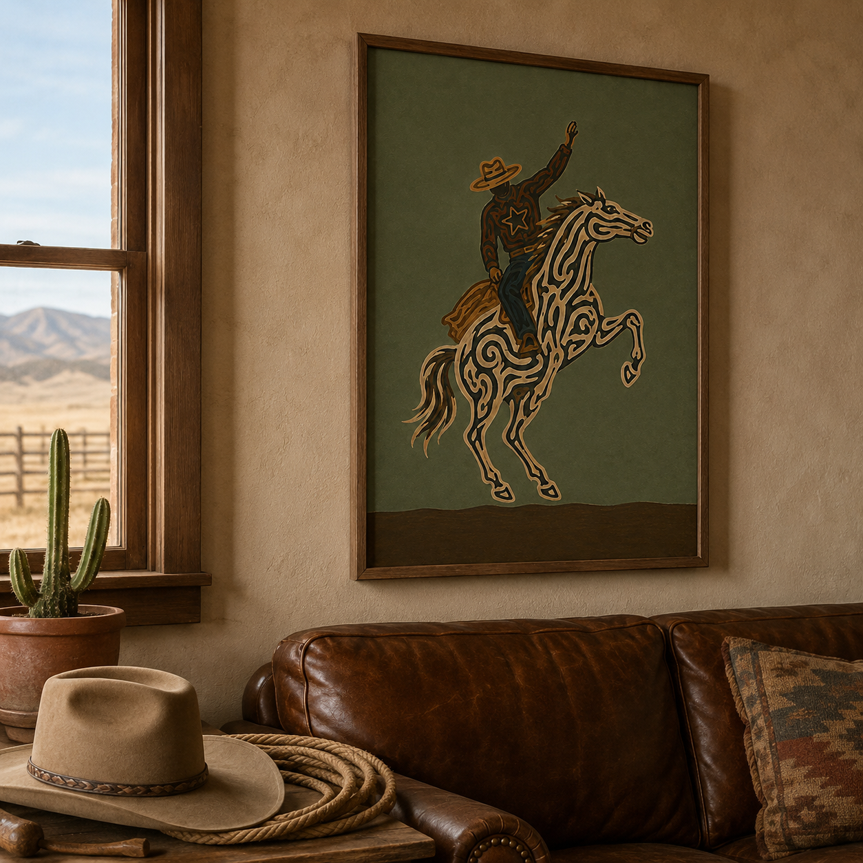 Olive Green Wall Art Dynamic Cowboy Wall Art, Bucking Horse Painting, Wild West Equestrian Decor