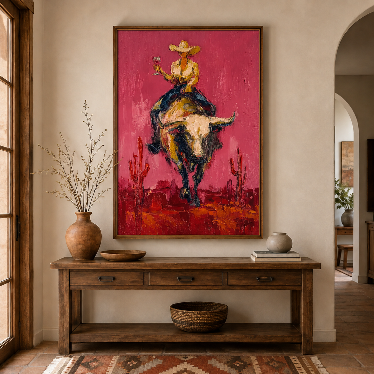 Pink Rodeo Bull Rider Hand-Painted Oil Painting | Southwestern Wall Art