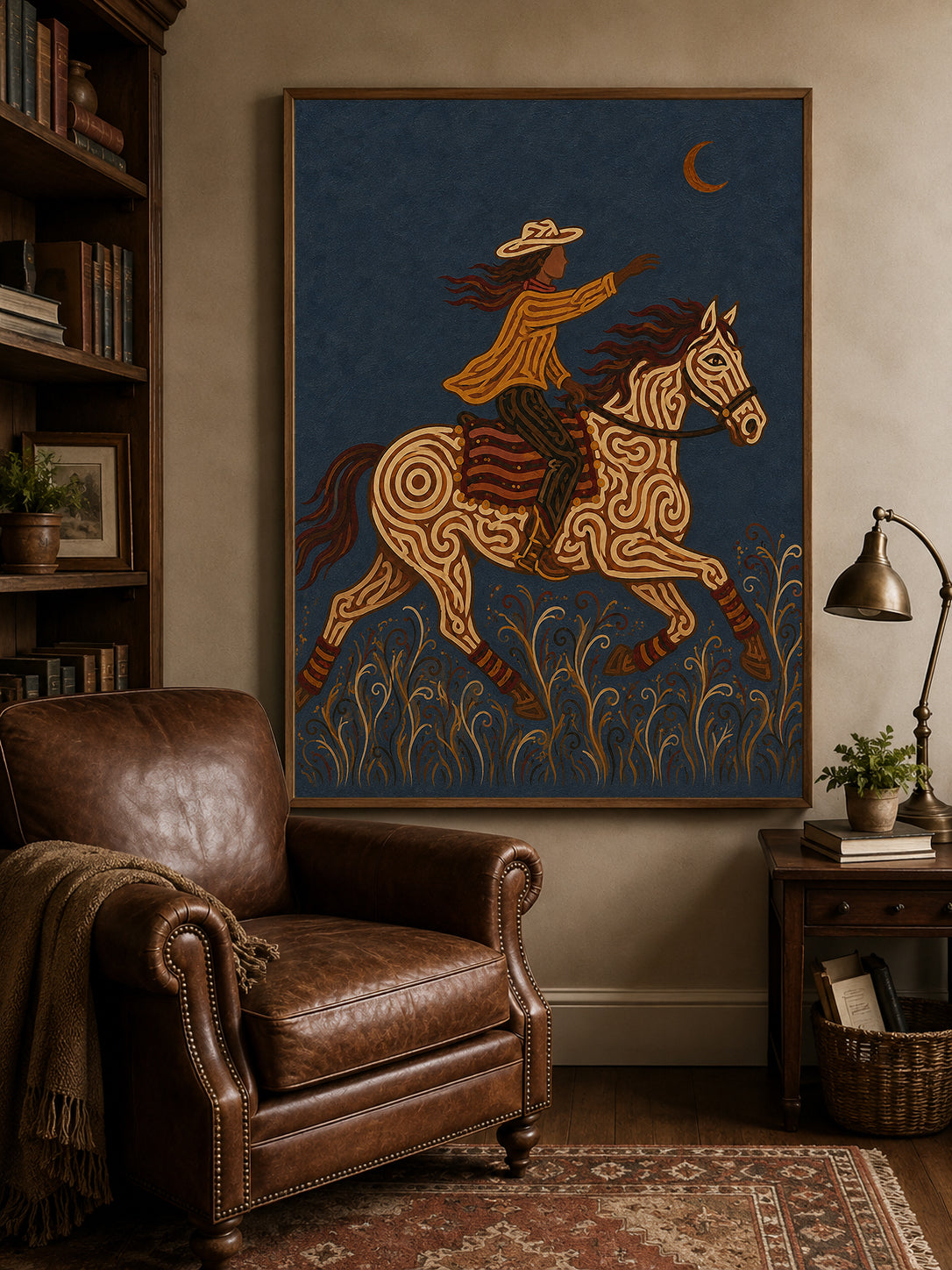Wild West Cowboy Riding Horse Painting, Rodeo Western Wall Art, Southwestern Ranch Decor