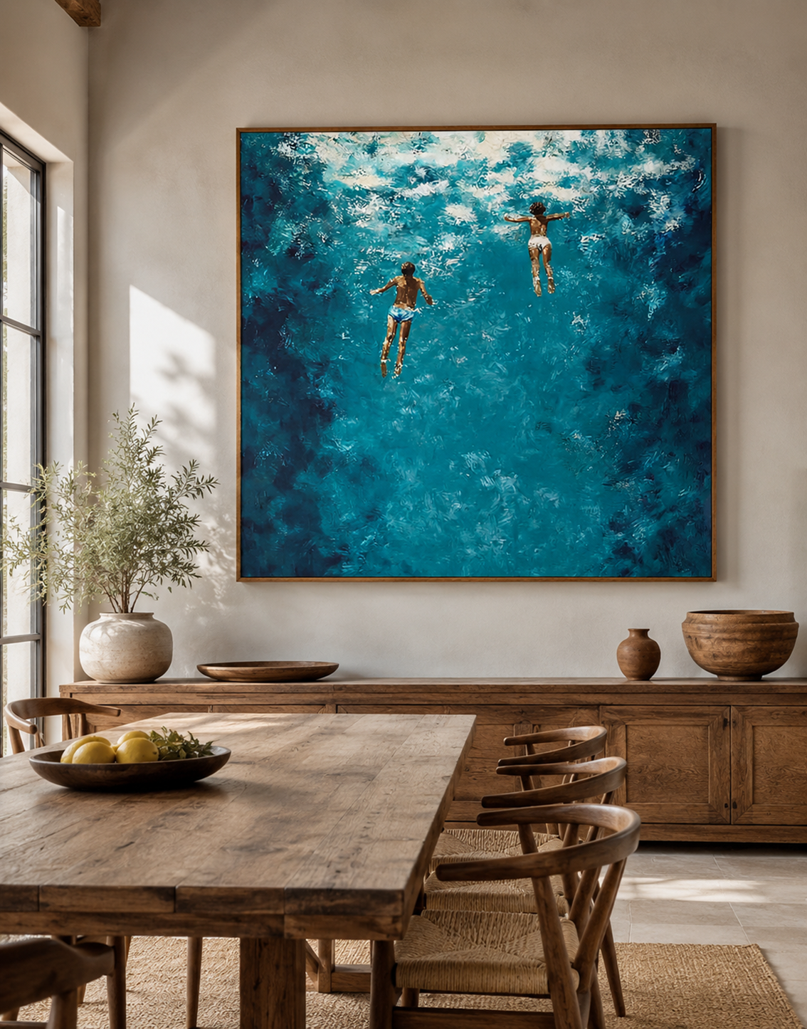 Hand Painted Ocean Oil Painting With Swimmers In Blue Water For Coastal Home Decor