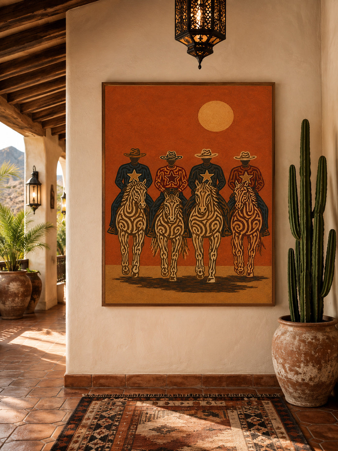 Cowboy Riders Oil Painting, Burnt Orange Western Wall Art, Rodeo Ranch Hand Painted Decor