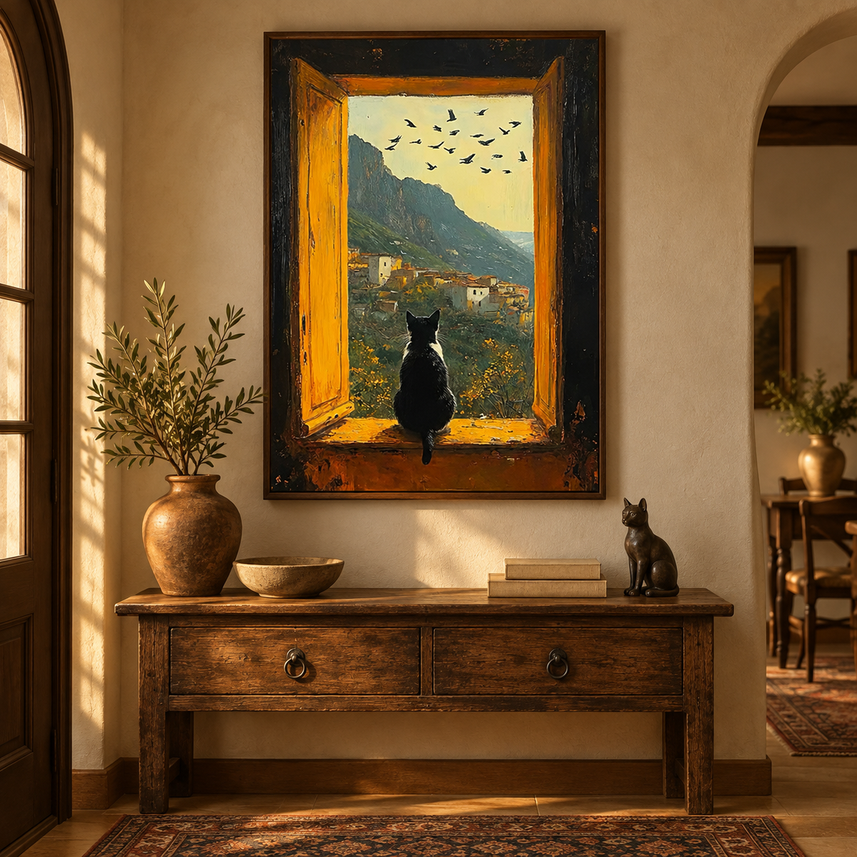 Black Cat Art, Cat Oil Painting, Window View Art, Mountain Village Painting, Cozy Home Decor