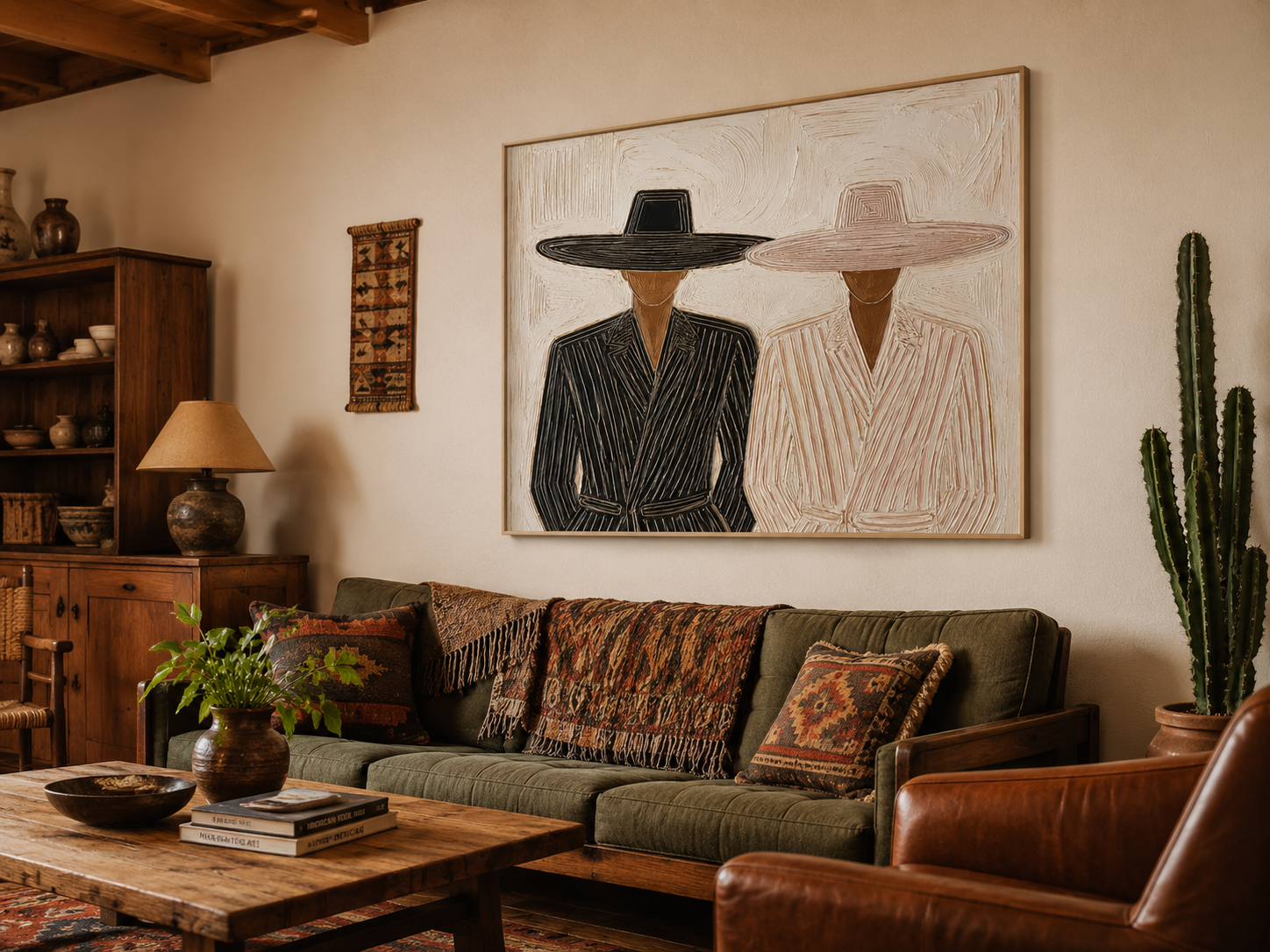 Minimalist Figure Painting With Hats For Modern Living Room Decor In Beige And Black