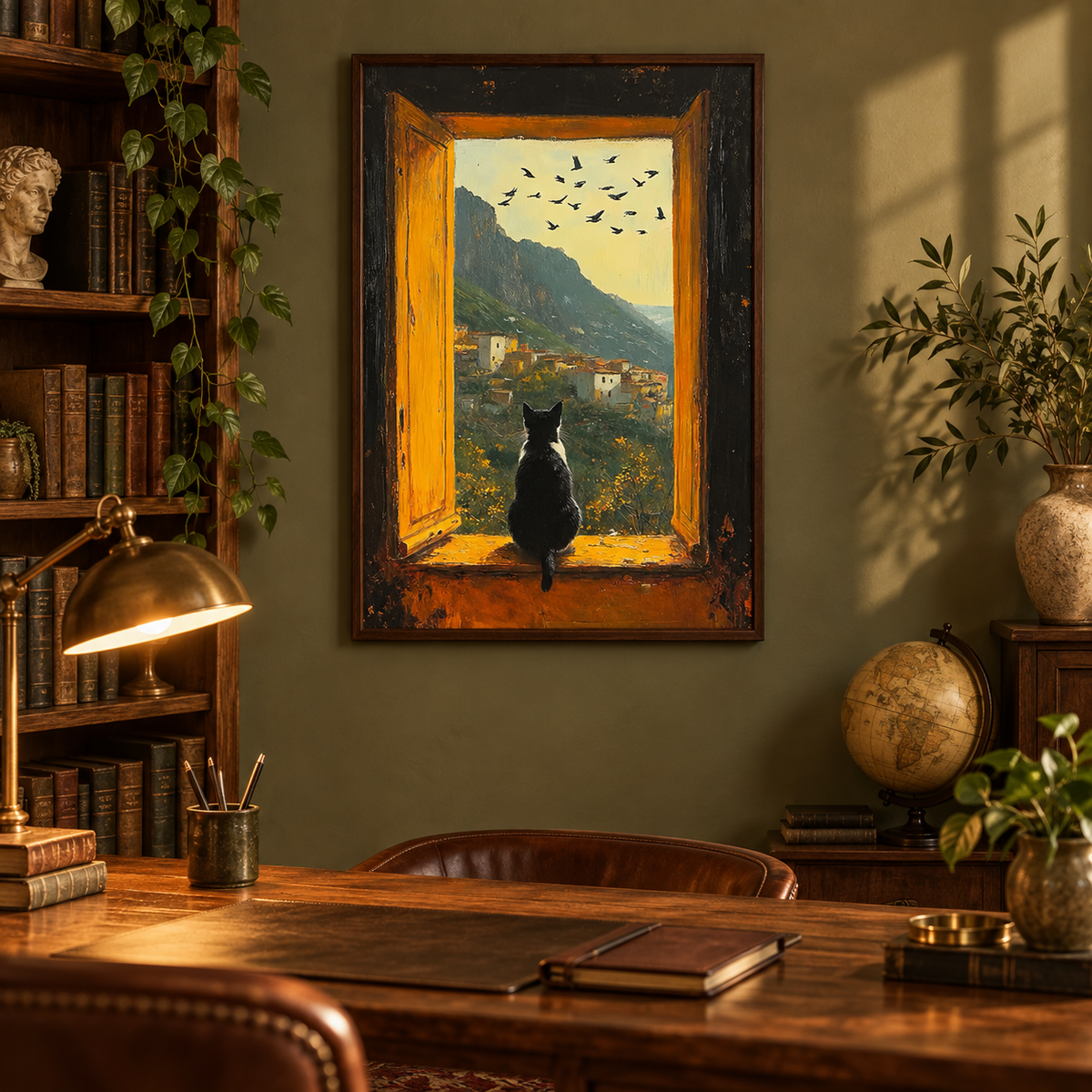 Black Cat Art, Cat Oil Painting, Window View Art, Mountain Village Painting, Cozy Home Decor