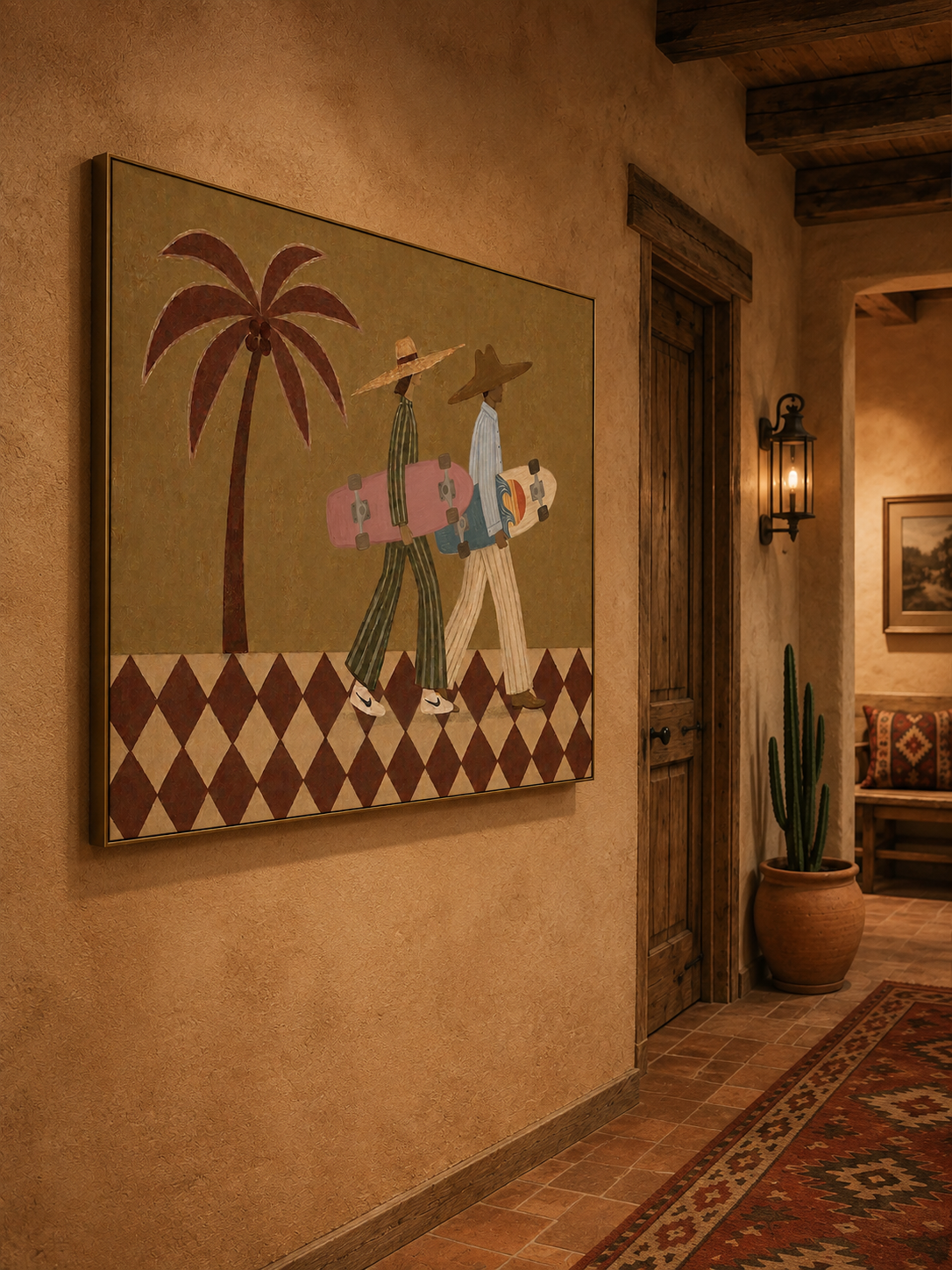Vintage Skateboard Art With Palm Tree In Warm Brown Tones For Modern Home Decor