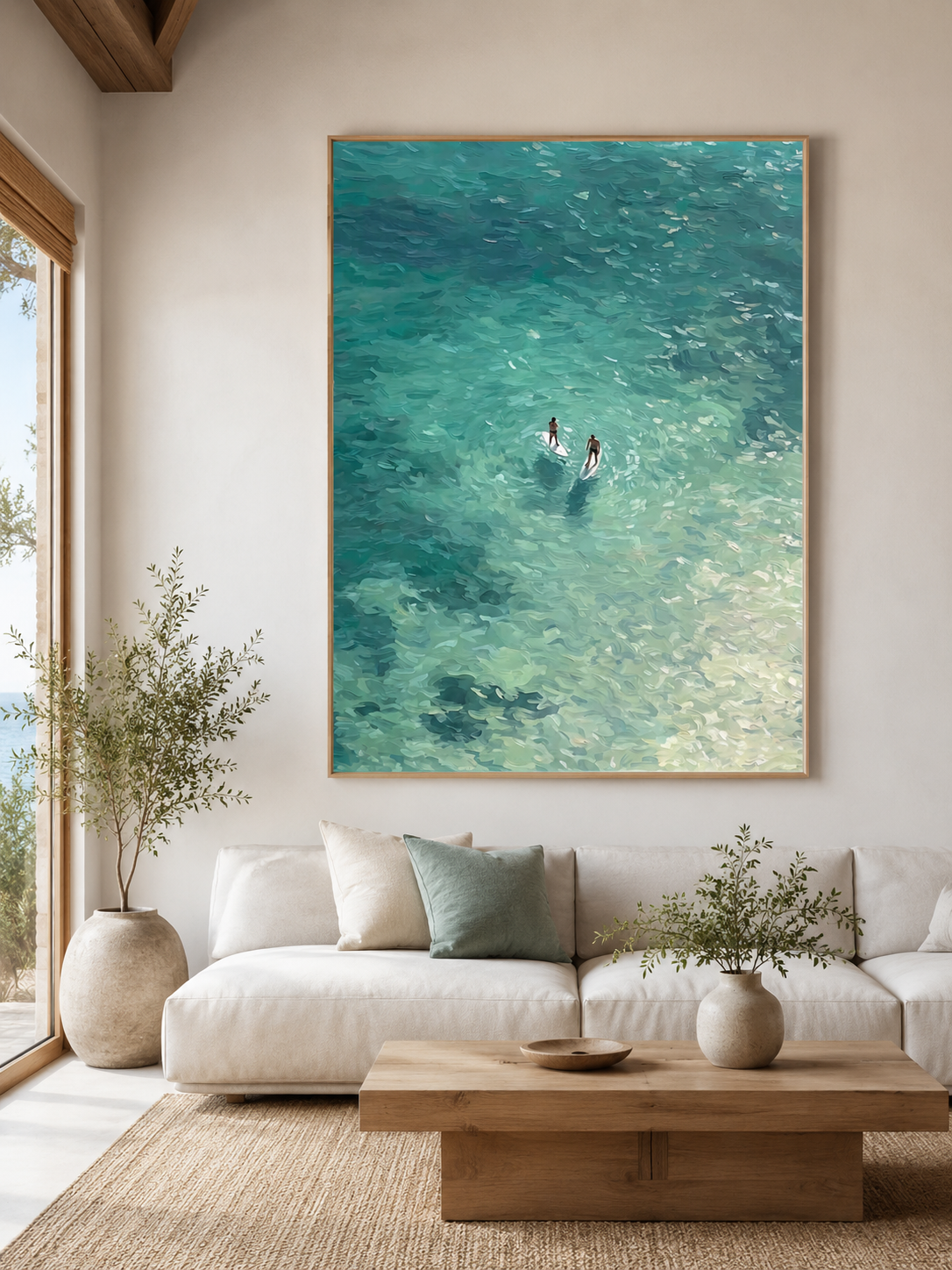 Turquoise Paddleboard Oil Painting For Beach House Living Room Wall Art Decor