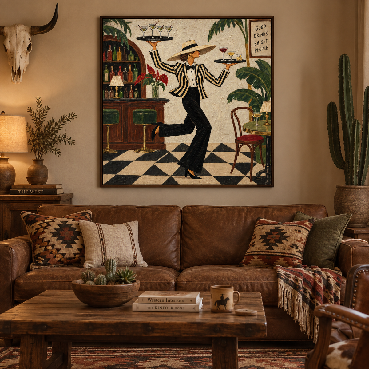 Vintage Waitress Canvas Painting With Cocktails And Tropical Bar Scene