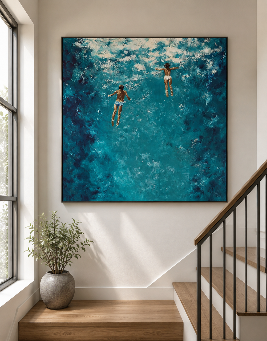 Hand Painted Ocean Oil Painting With Swimmers In Blue Water For Coastal Home Decor