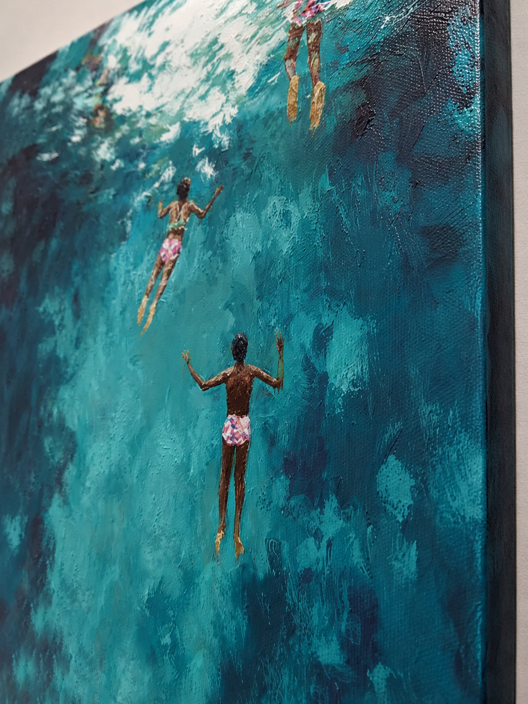 Large Blue Ocean Painting For Coastal Living Room With Figurative Swimmers And Textured Waves