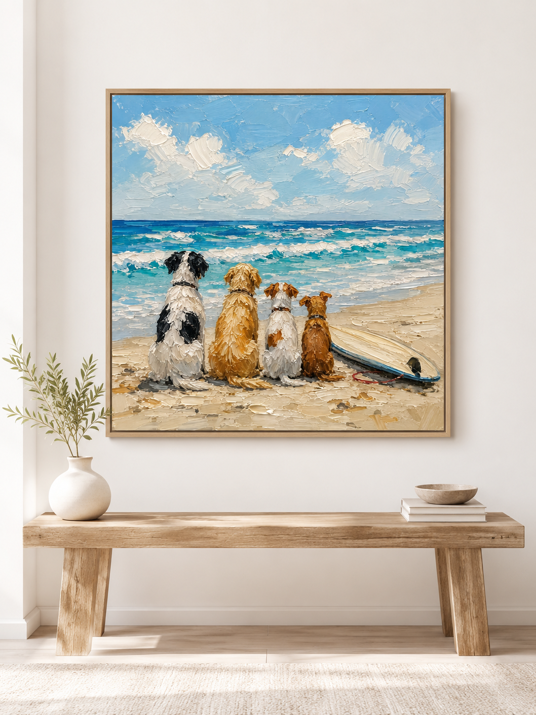 Hand Painted Dogs Watching Ocean Waves Impasto Beach Art For Dog Owners Gift