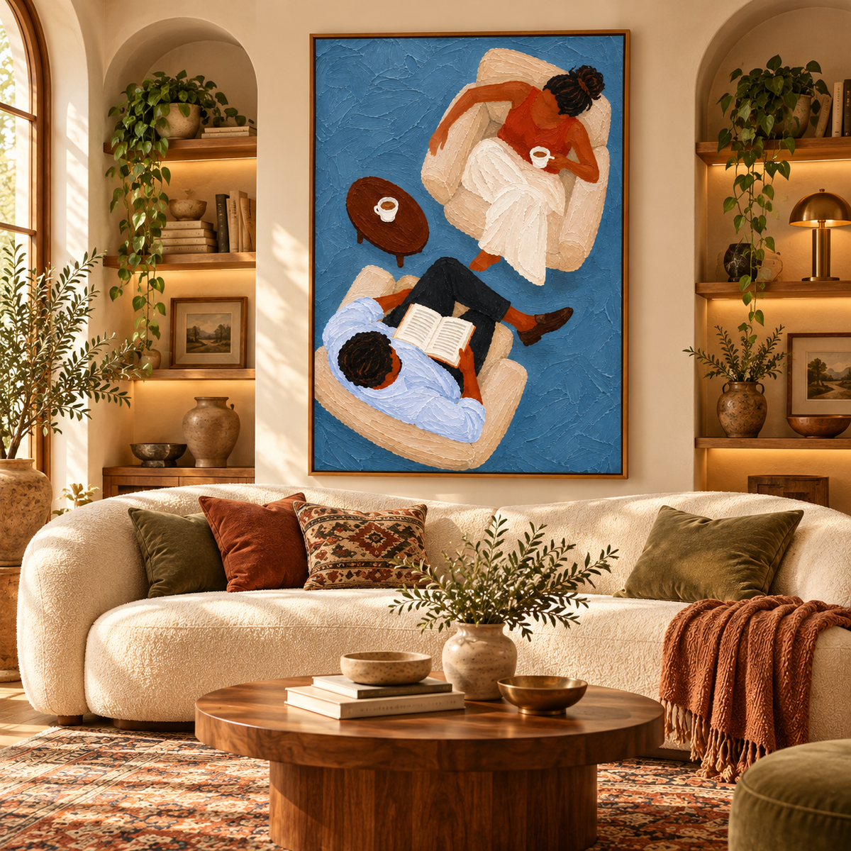 Couple Reading With Coffee Hand-Painted Canvas Art In Blue And Brown Tones