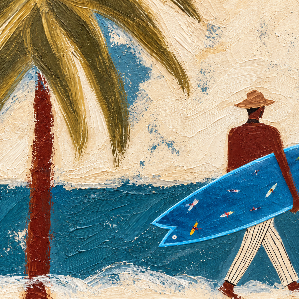 Surfer With Blue Board Vintage Beach Canvas Painting Hand-Painted Wall Art For Coastal Decor