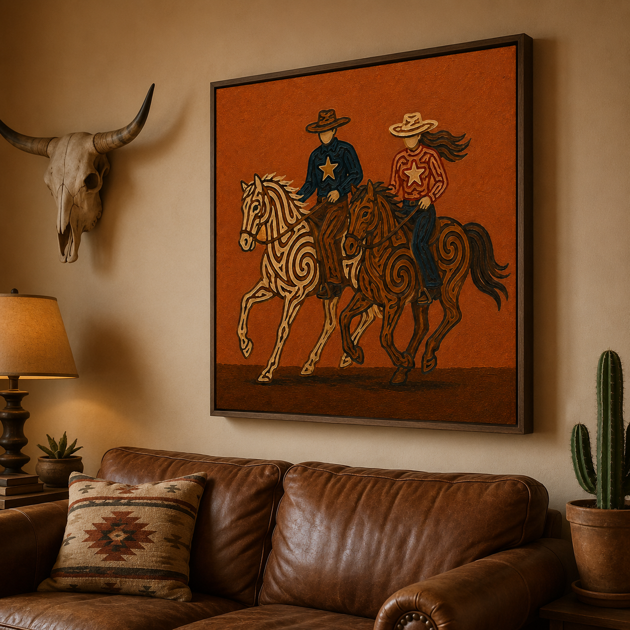 Two Cowboys Horses Art, Cowboy And Cowgirl Wall Decor, Dynamic Ranch Horses Canvas
