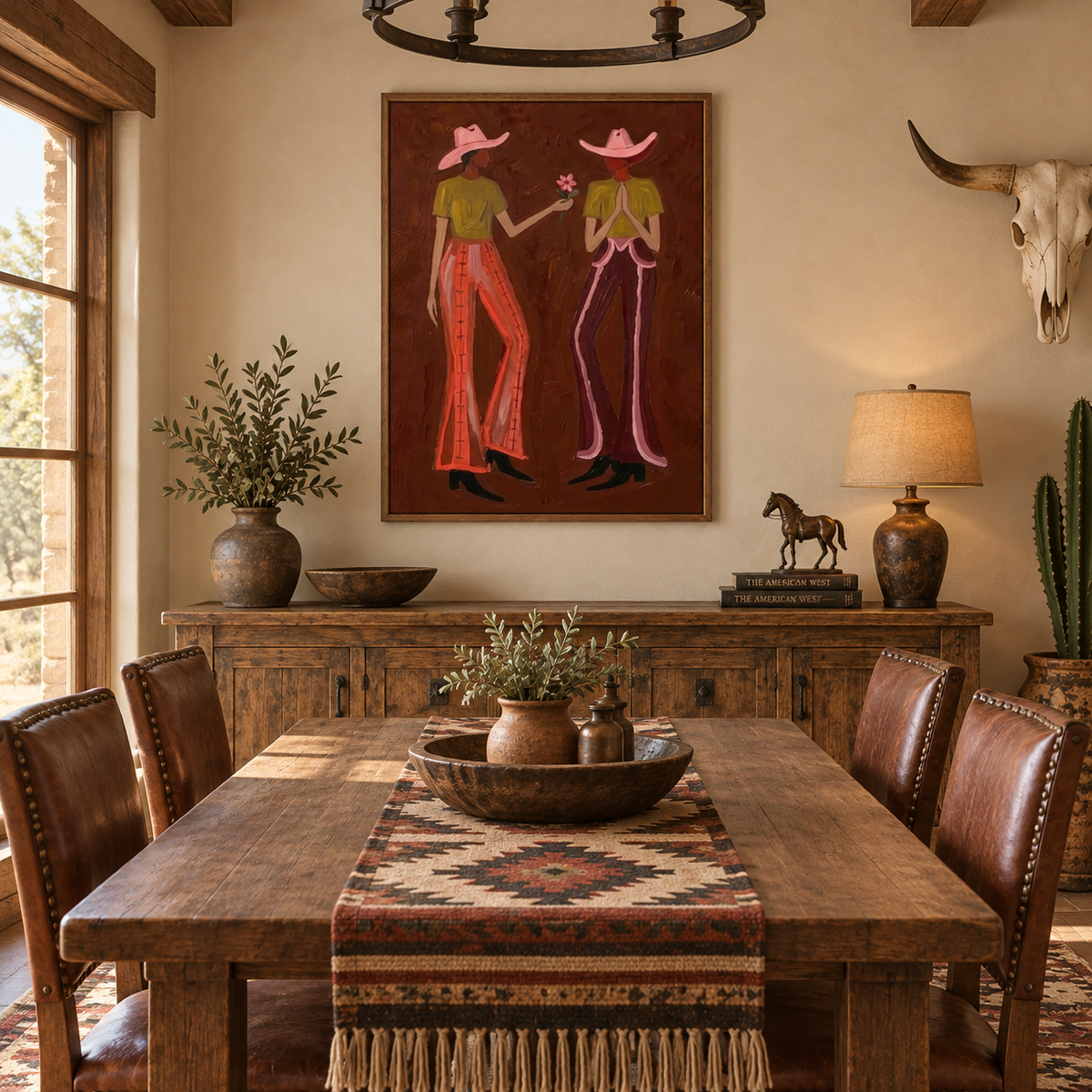 Cowgirl Flower Canvas Art, Retro Western Friendship Wall Decor, Dark Brown Aesthetic Painting