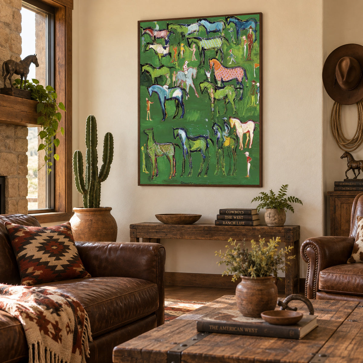 Hand-Painted Folk Horse Painting With Colorful Horses On Green Canvas Art