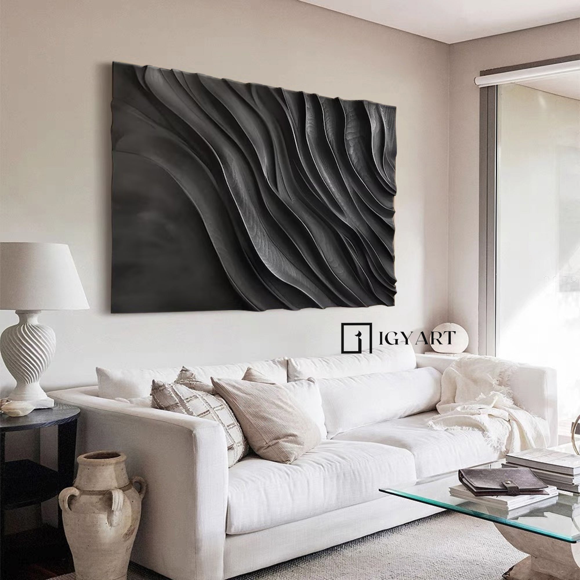 Black 3D Textured Wall Art Black Sculptured art Wood carving wall art 