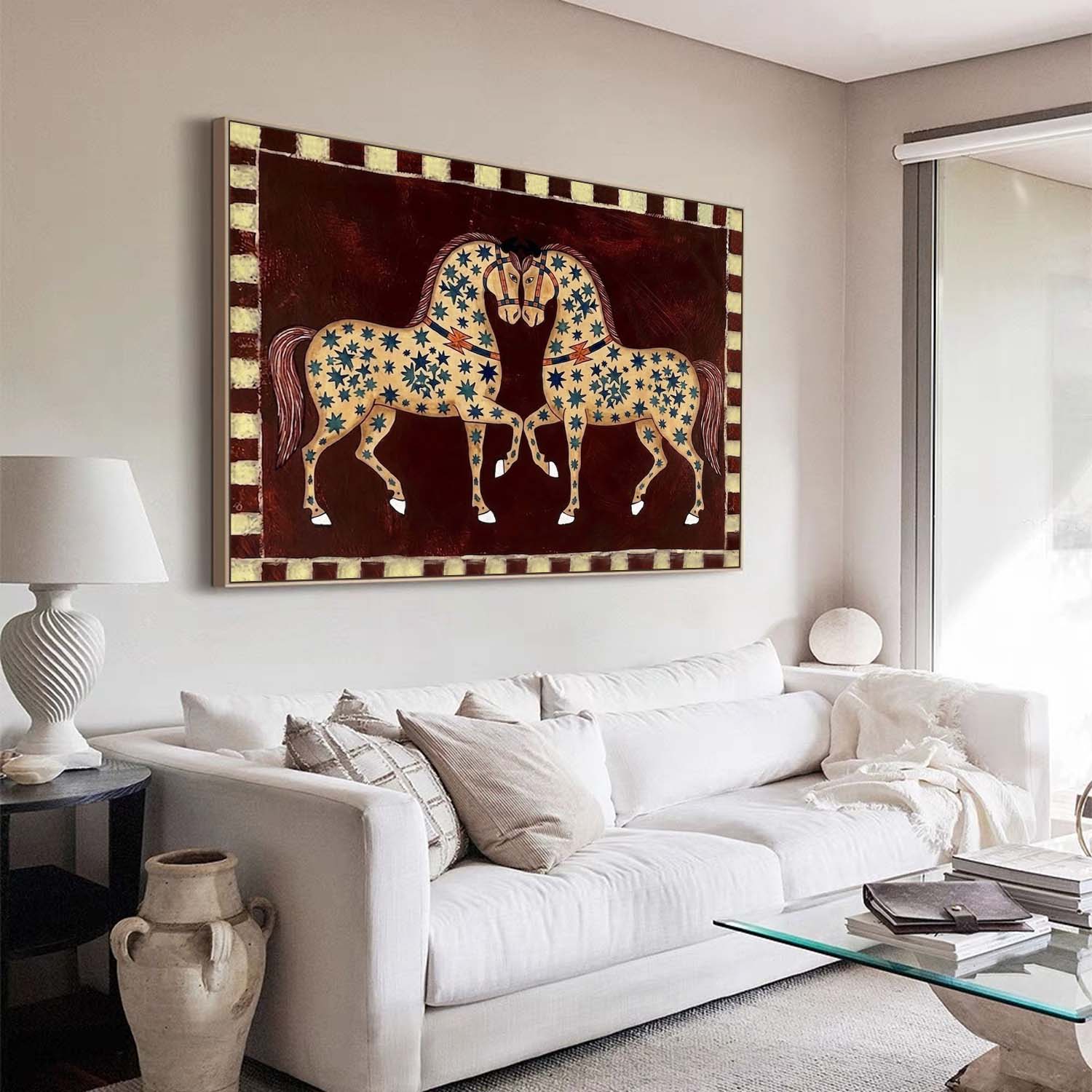 Mid-Century Modern Twin Horses Painting - Minimalist Ethnic Style Double Horse Painting